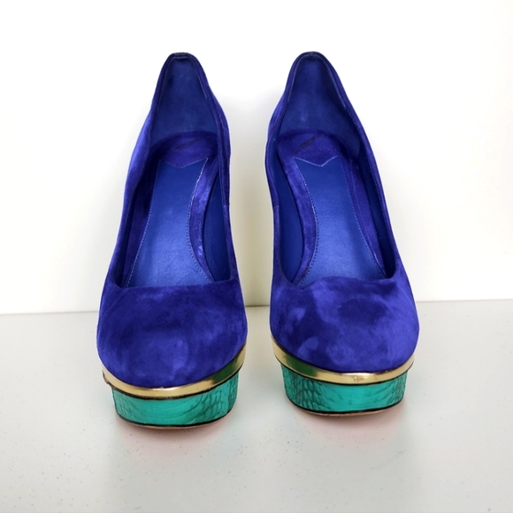 B Brian Atwood Purple Gold Teal Suede Platform Stiletto Size 10 - Picture 4 of 10